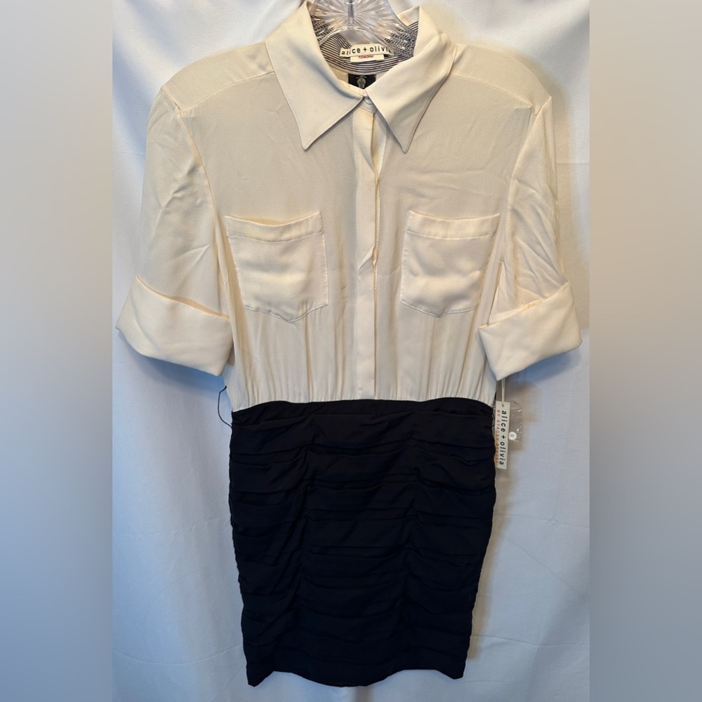 NWT Alice + Olivia Size 8 Maddie French Cuff Shirt Dress Black White Ruched